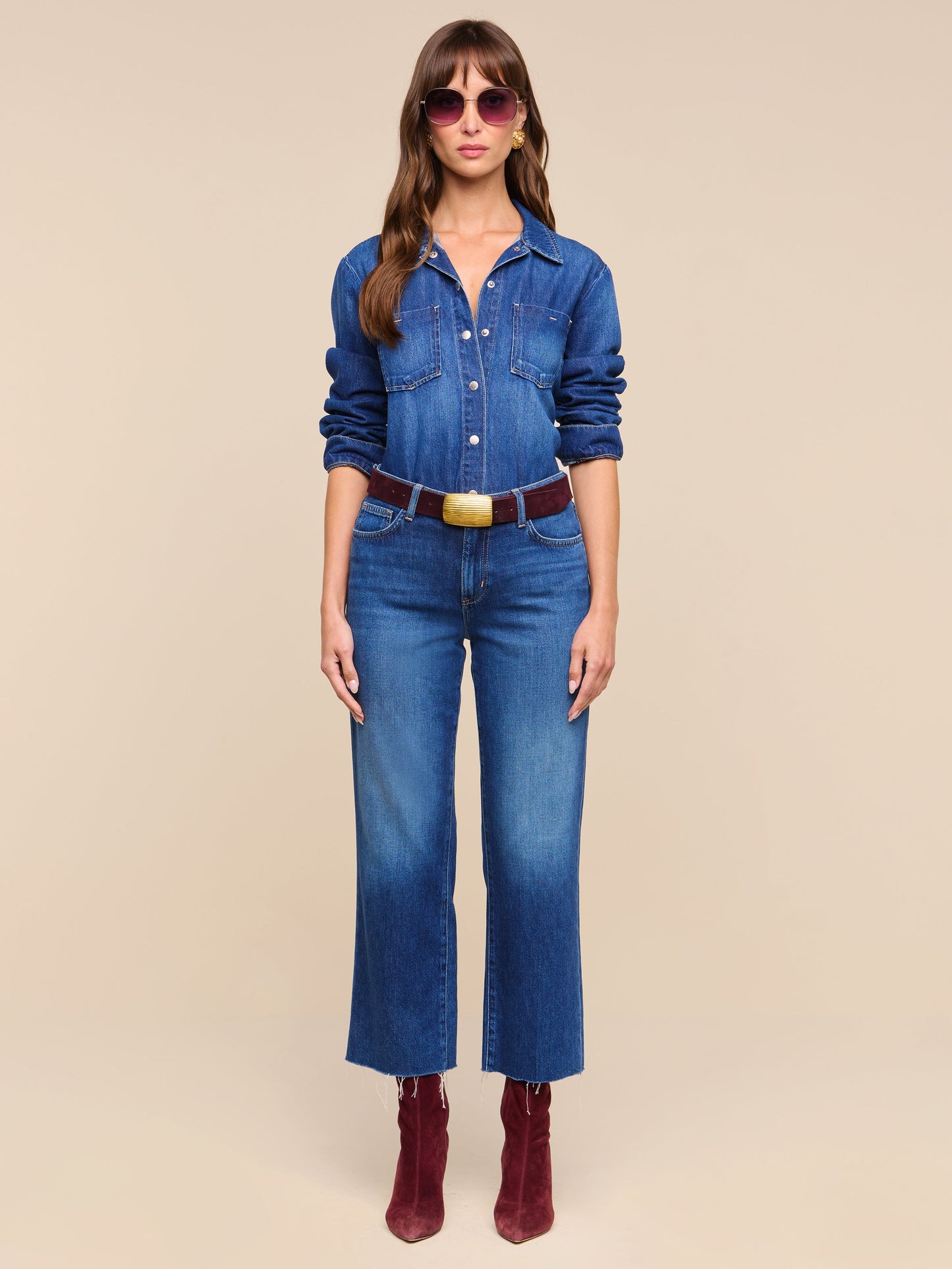 L'Agence Wanda H/R Crop Wide jean in Idaho wash, shown on model, front view