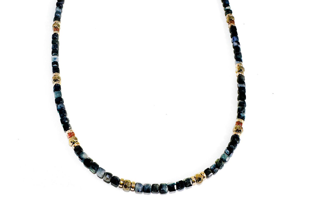 Rachel Nathan Mini Beaded Blue Sapphire & Pyrite necklace, full front view of fine blue sapphire cubes with pyrite and gold-filled rondelles