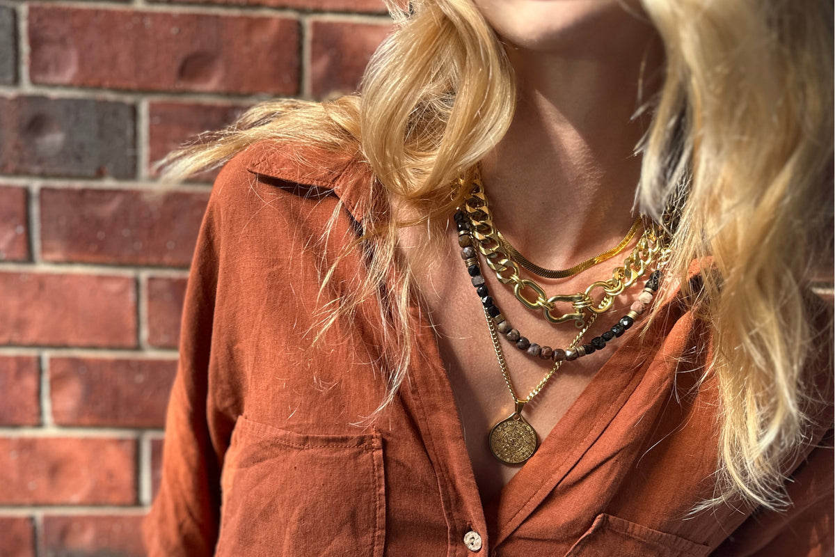 Rachel Nathan Shackle: Trio necklace shown on model