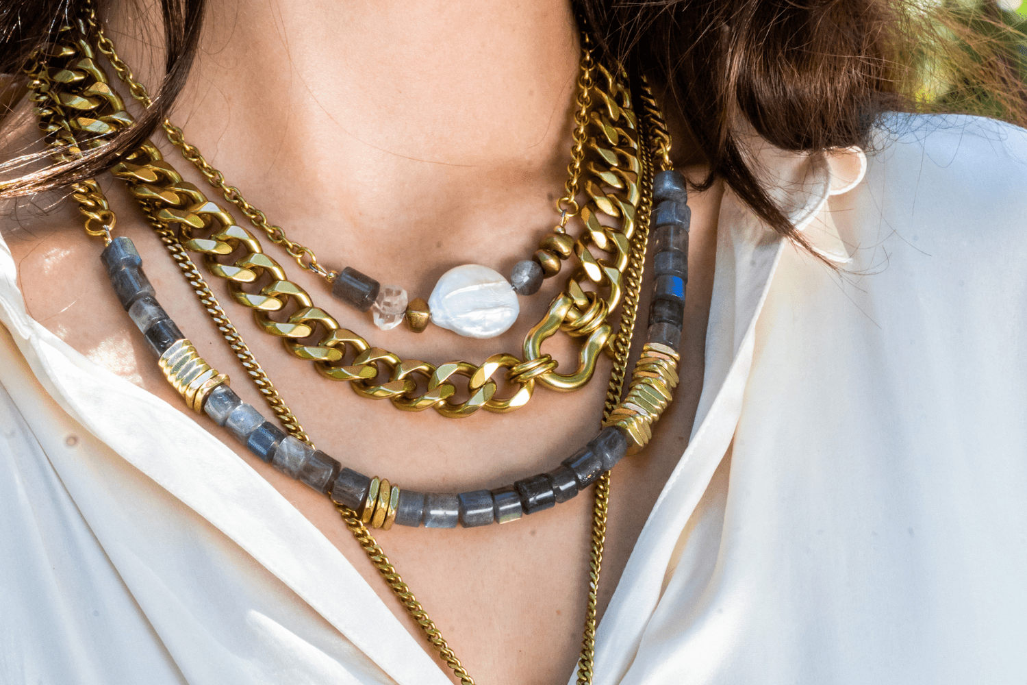 Rachel Nathan Labradorite Barrel & Brass Heishi necklace shown on model