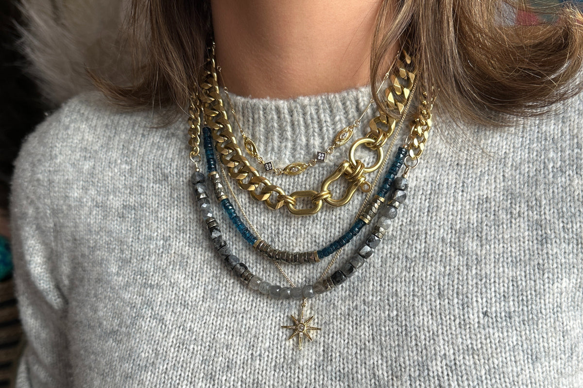 Rachel Nathan Blue Topaz & Pyrite Heishi necklace shown on model