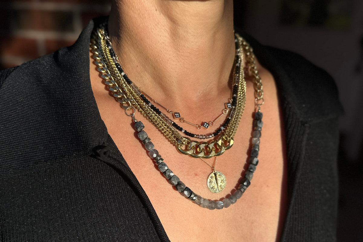 Rachel Nathan Labradorite & Larvikite necklace shown on model