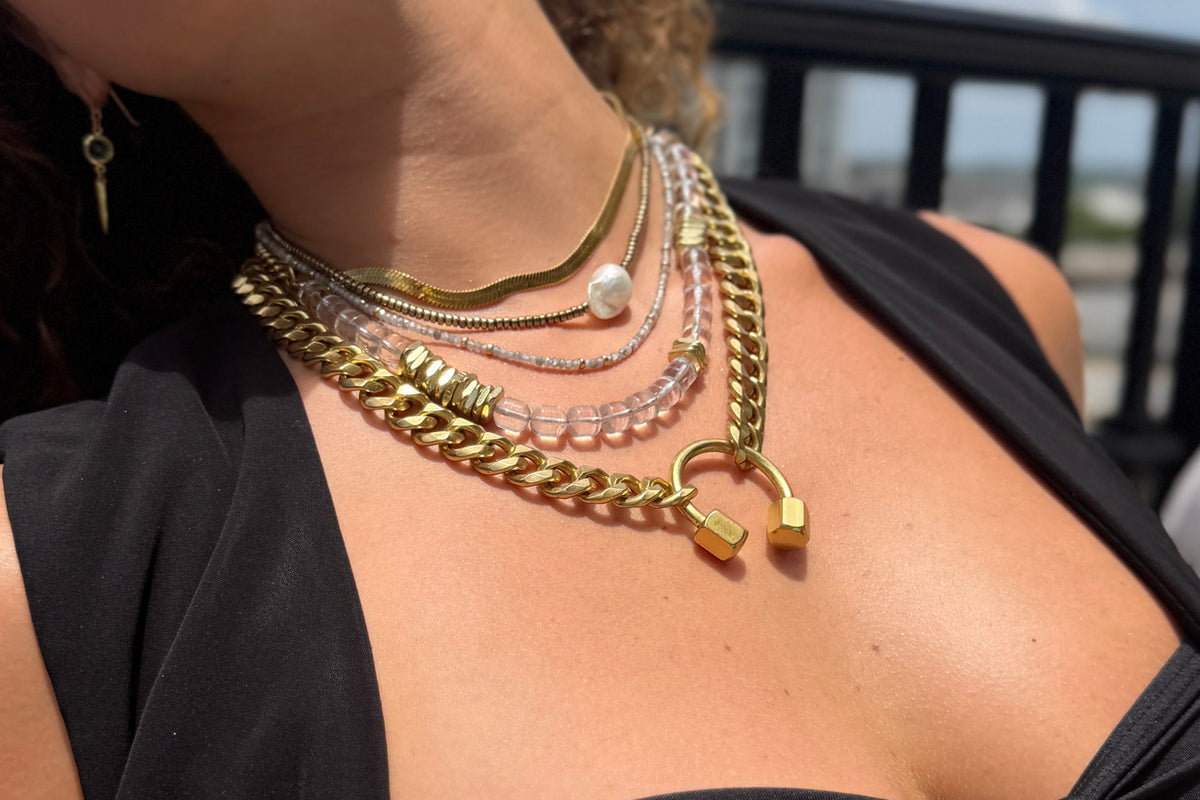 Rachel Nathan Rock Crystal Quartz & Brass Heishi necklace shown on model