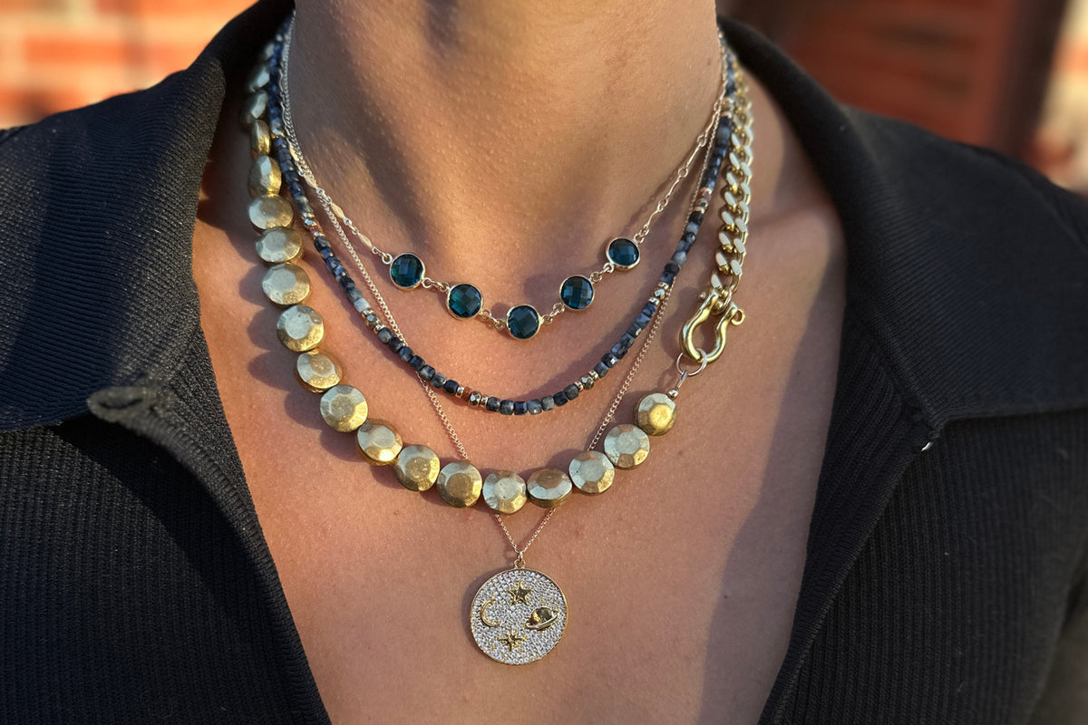 Rachel Nathan Mini Beaded Blue Sapphire & Pyrite necklace shown on model