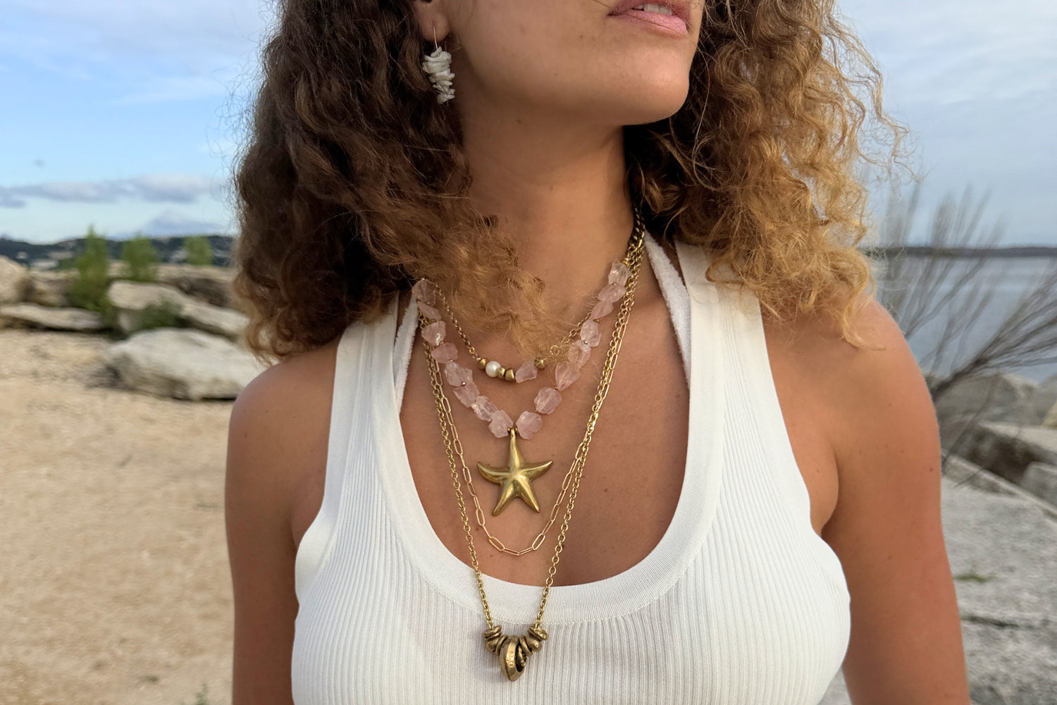 Rachel Nathan Wander Rings necklace shown on model, full length