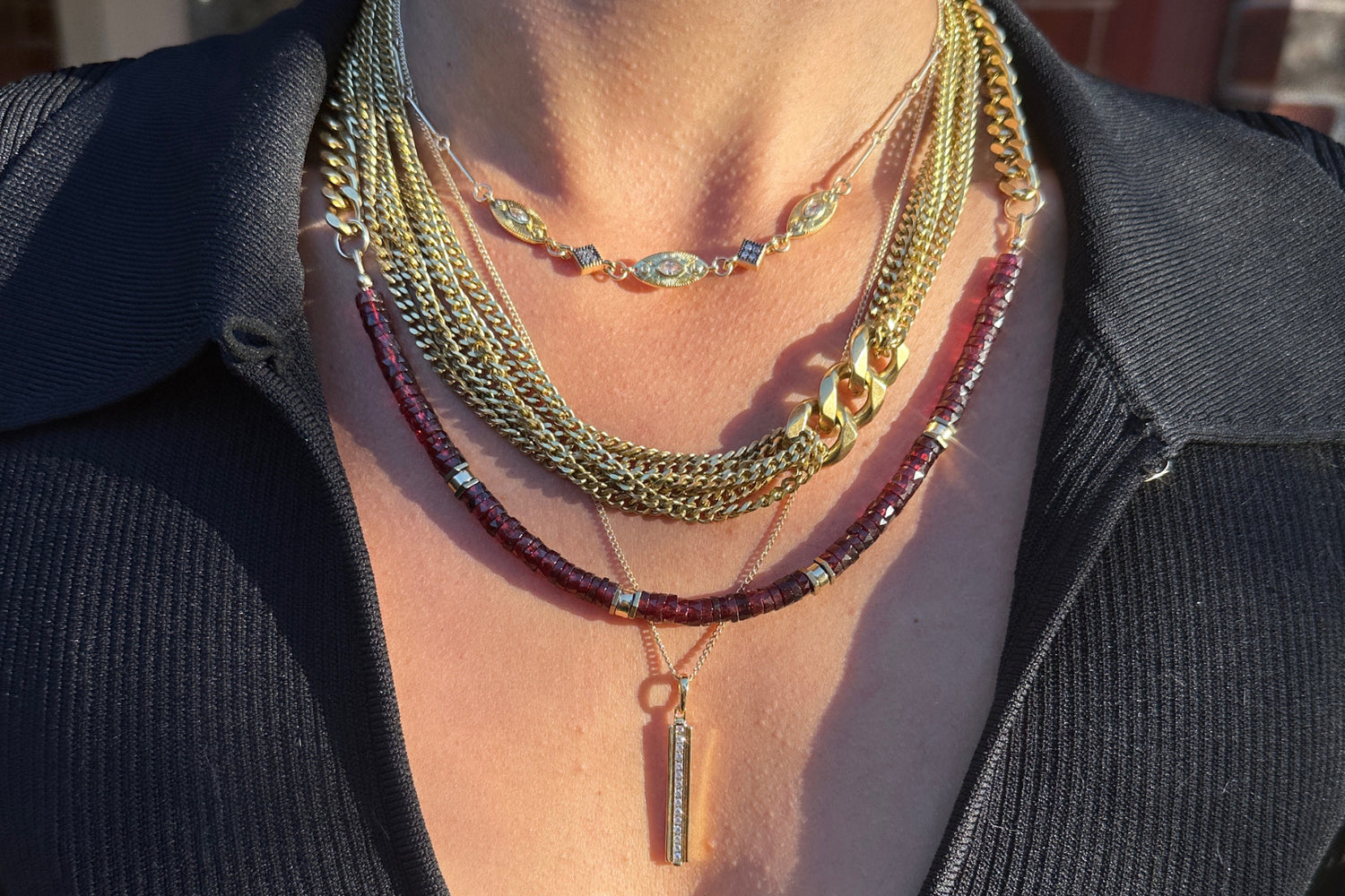 Rachel Nathan Bar Royale necklace shown on model