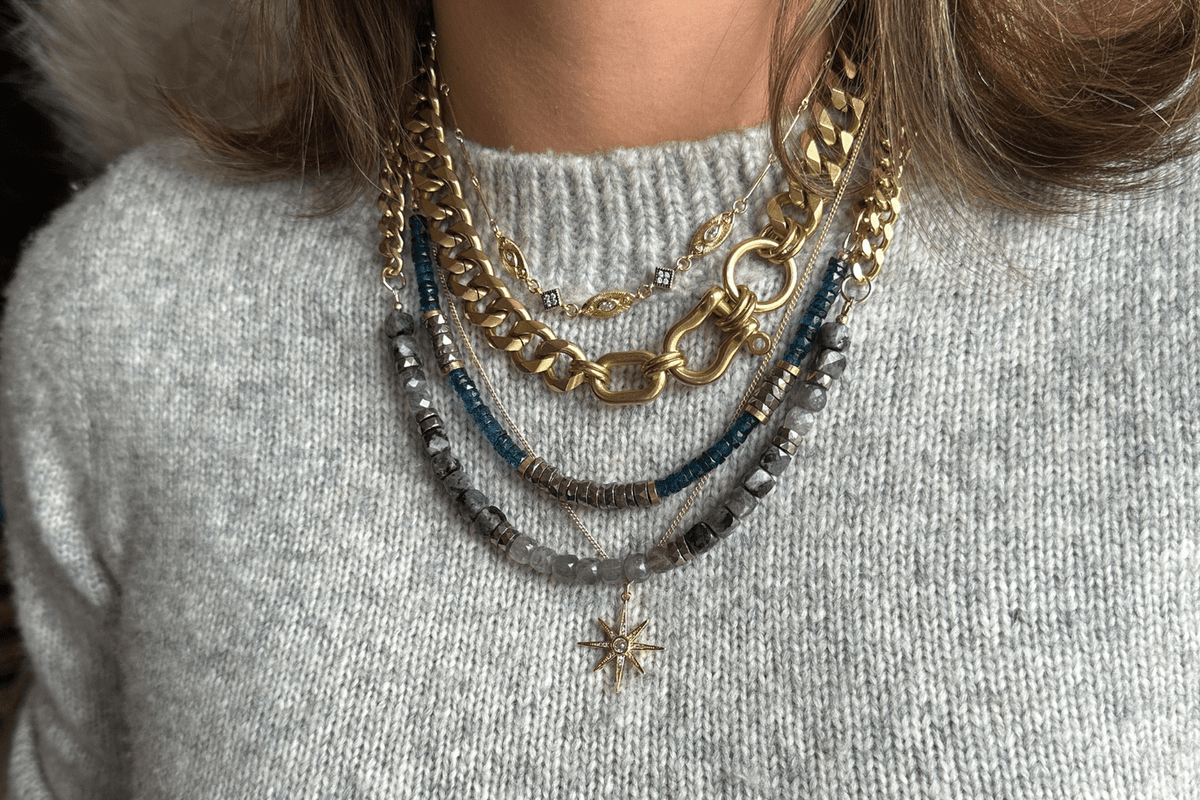 Rachel Nathan Labradorite & Larvikite necklace shown on model, layered