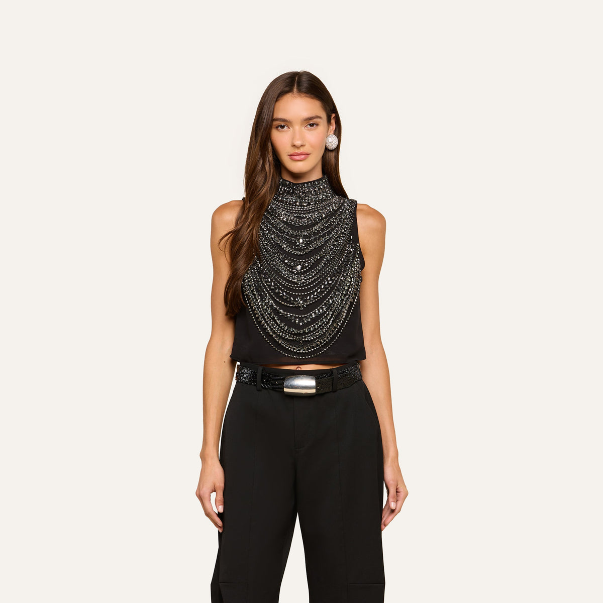 L'Agence Yun Draped Tank in Black/Smokey Grey Crystal, shown on model, front view