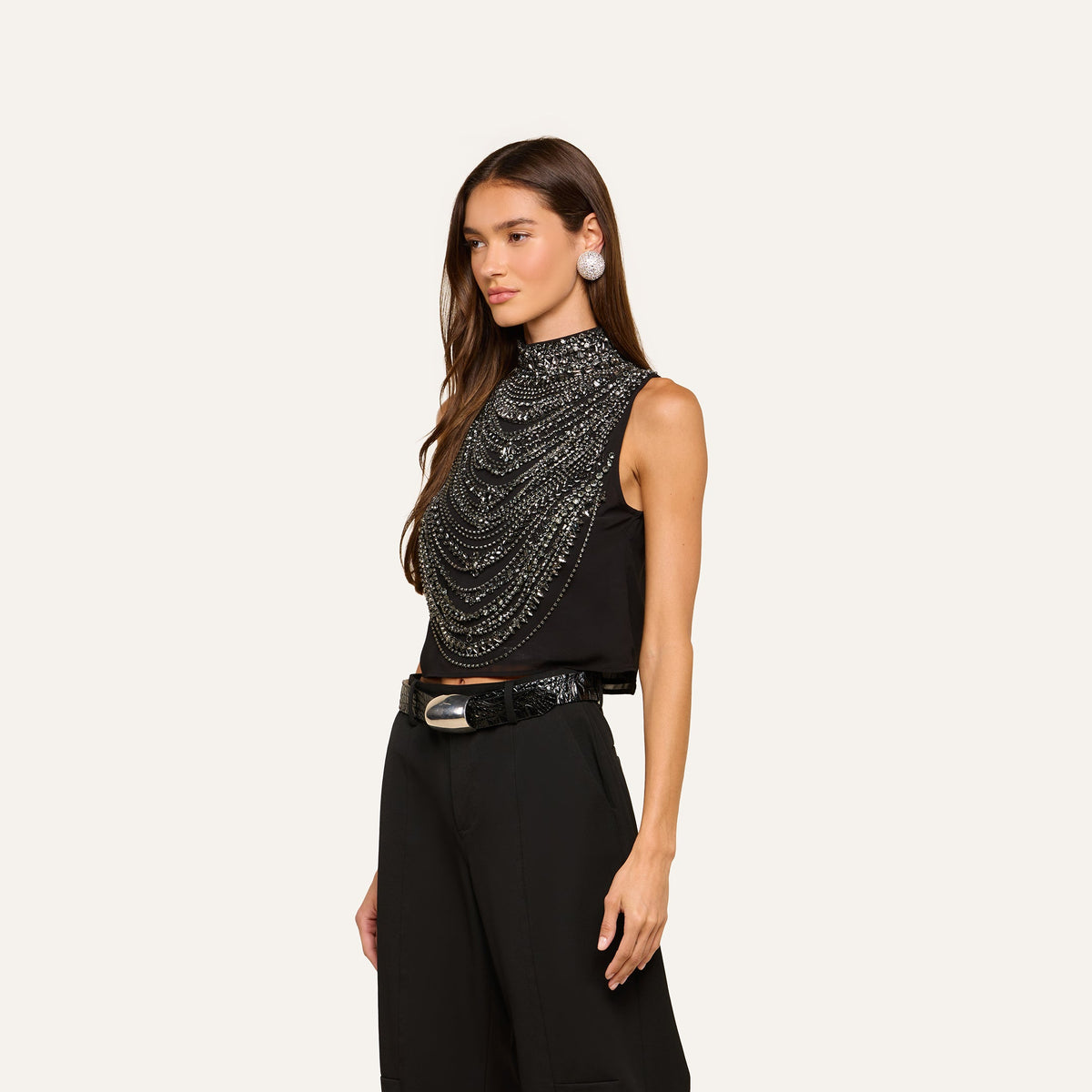 L'Agence Yun Draped Tank in Black/Smokey Grey Crystal, alternate view on model