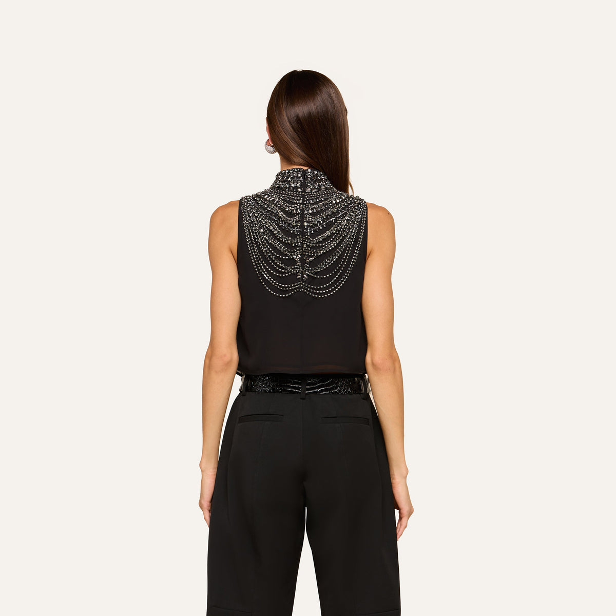 L'Agence Yun Draped Tank in Black/Smokey Grey Crystal, back view on model showing draped crystal chains