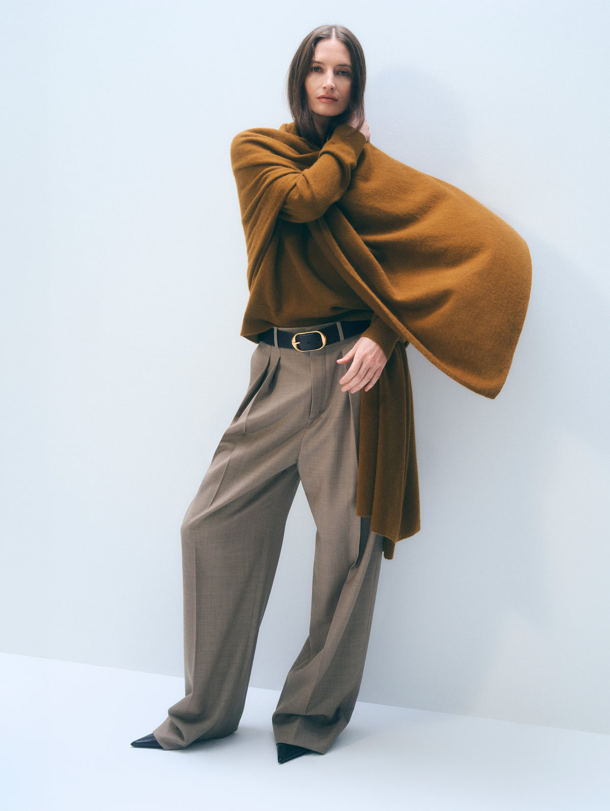 White + Warren Travel Wrap in Antique Gold, shown on model, full length