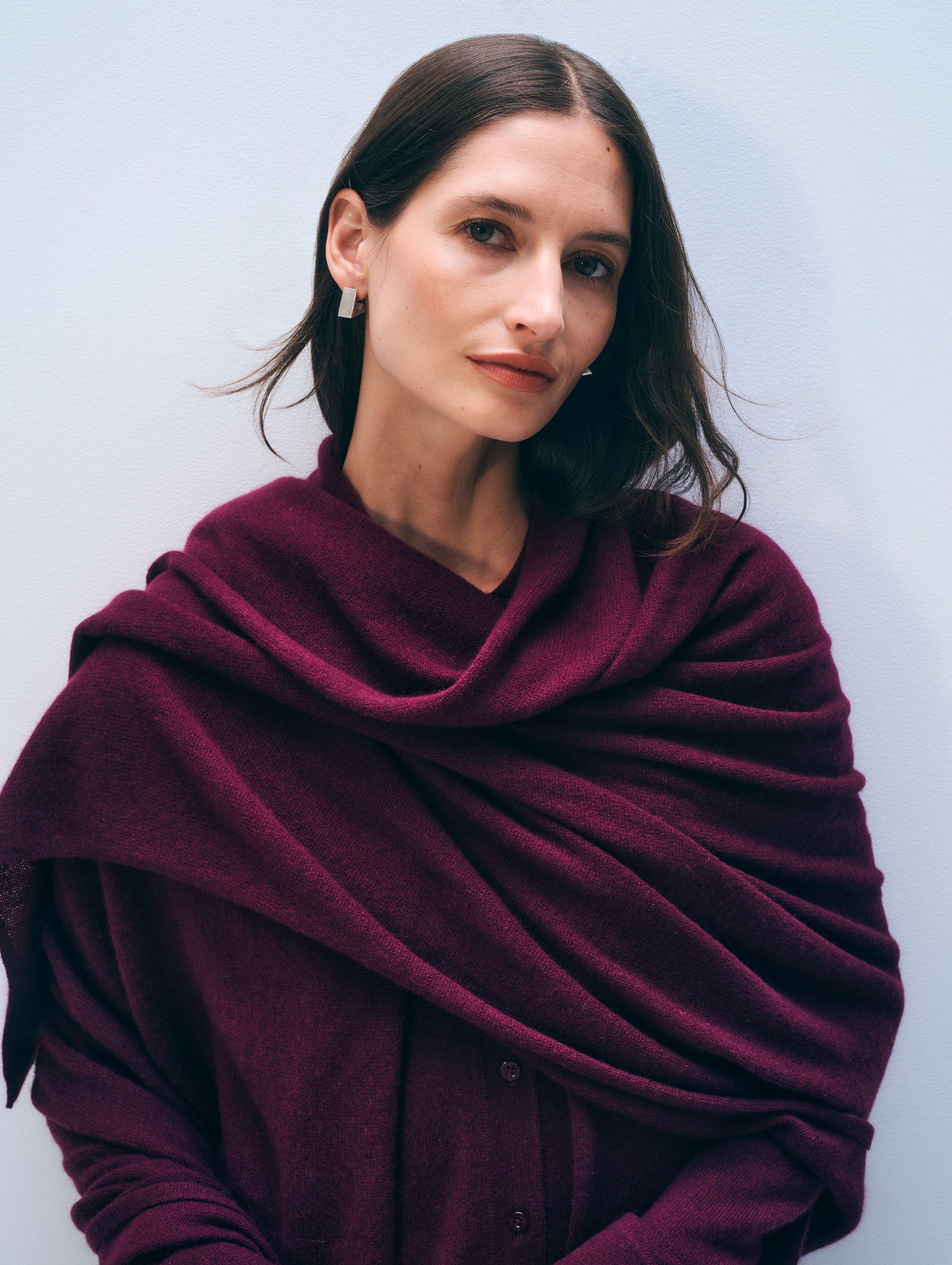 White + Warren Cashmere Travel Wrap in Sangria, shown on model
