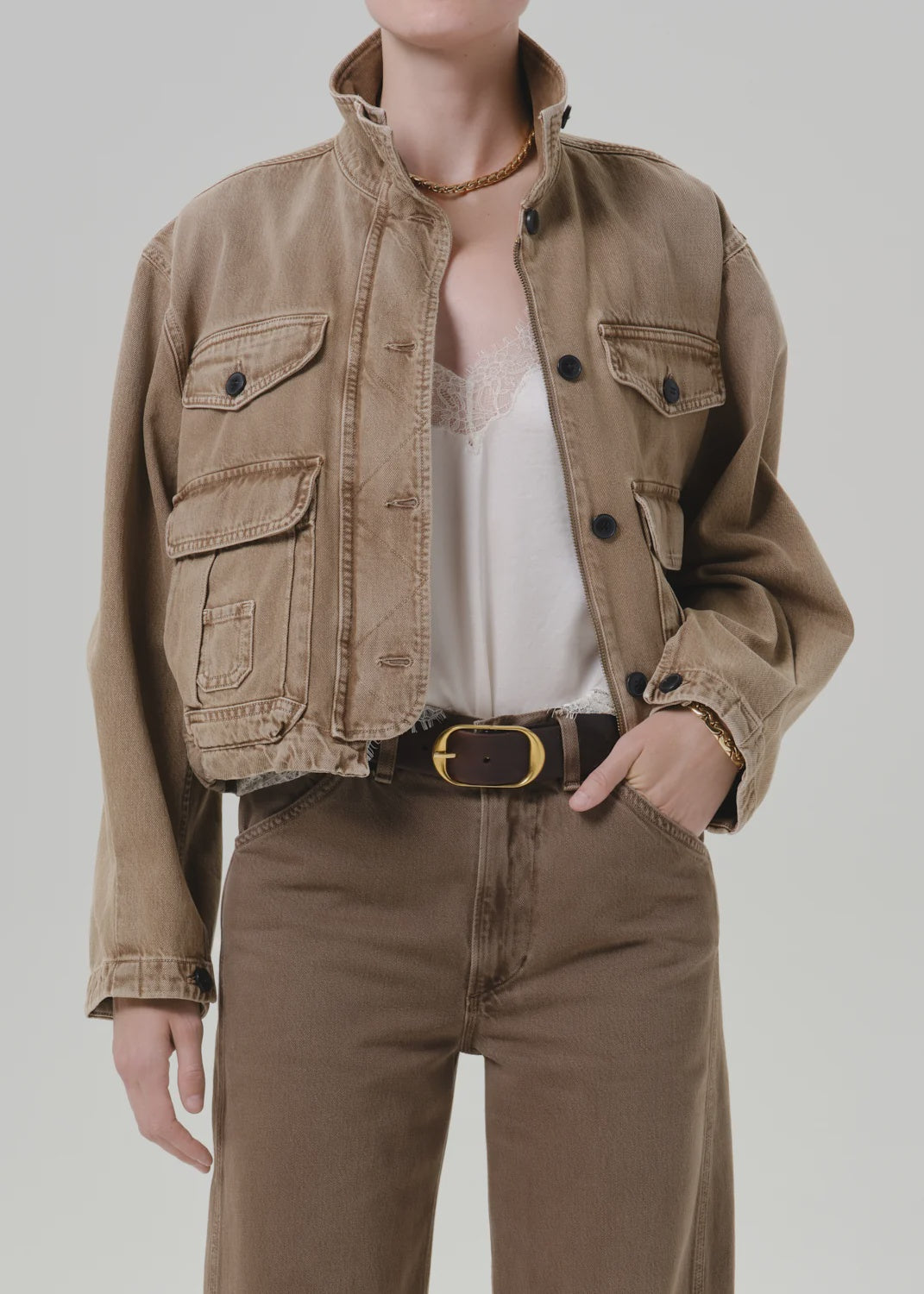 Citizens of Humanity Funnel Collar Barn Jacket in Tan, front view