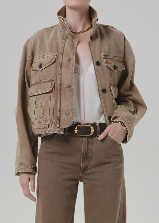 Citizens of Humanity Funnel Collar Barn Jacket in Tan, front view