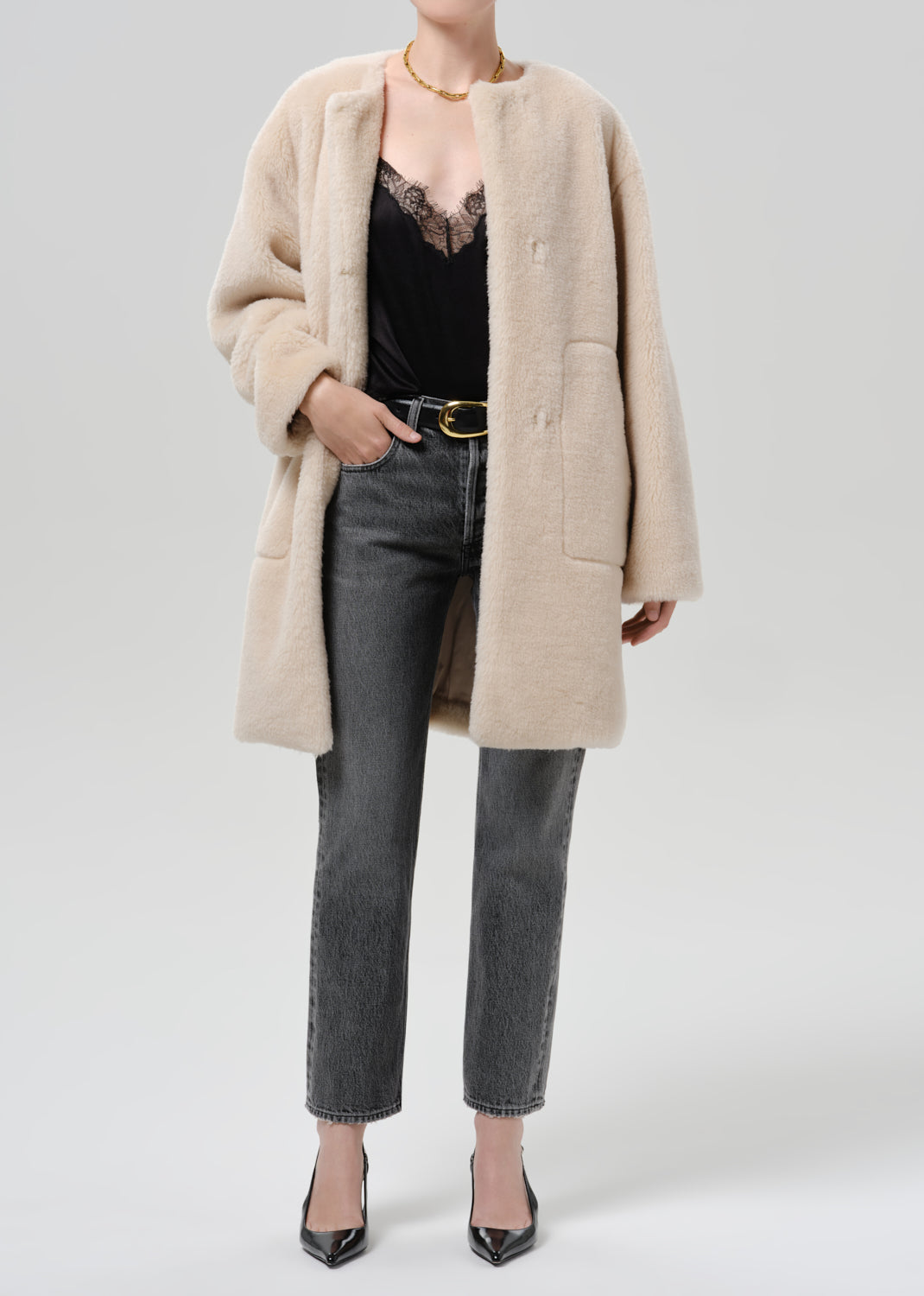 Citizens of Humanity Martina Long Sherpa Coat in Cozy Cream, shown on model