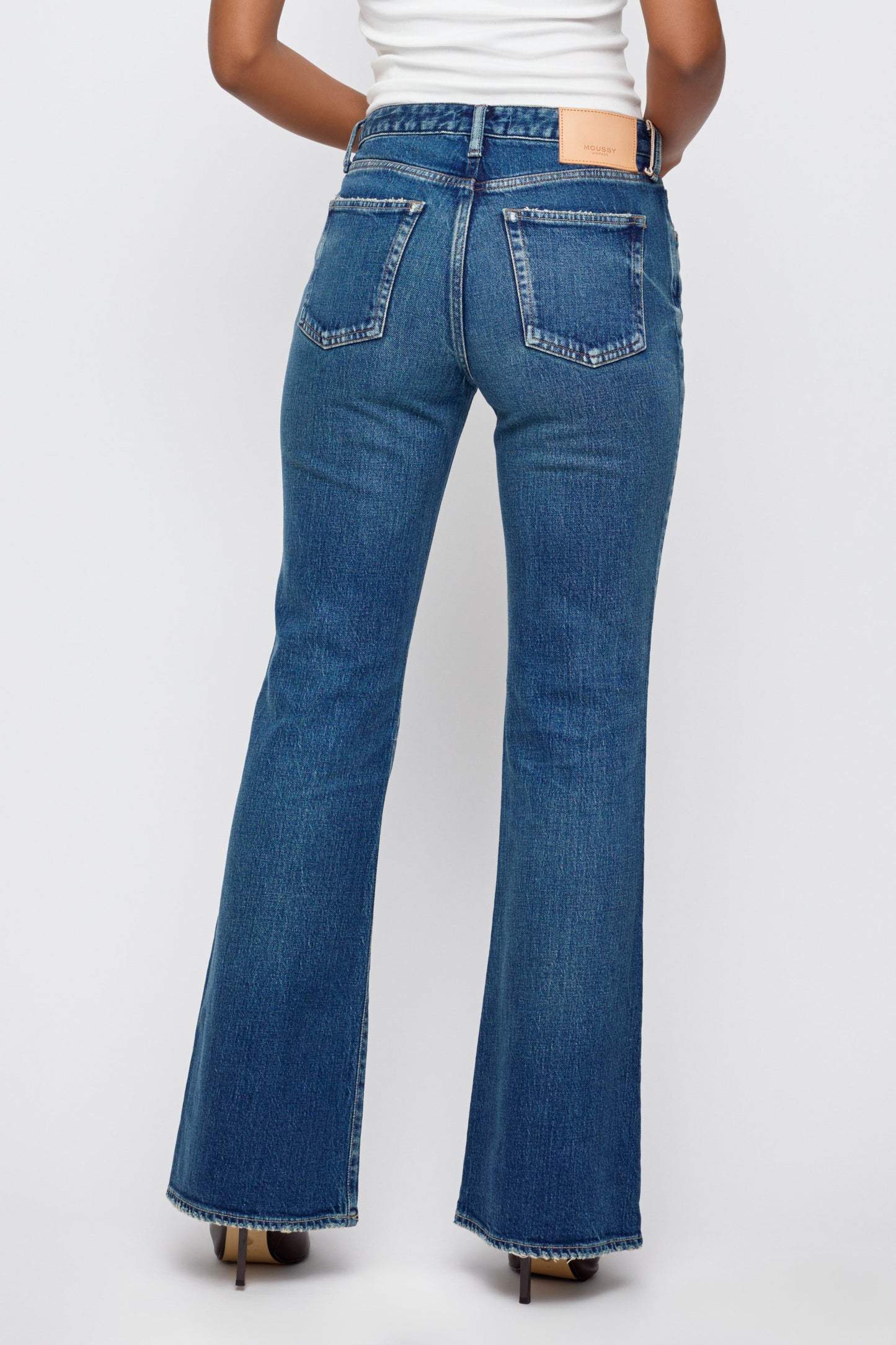 Moussy Attleboro 70s Flare jean in Blue, back view