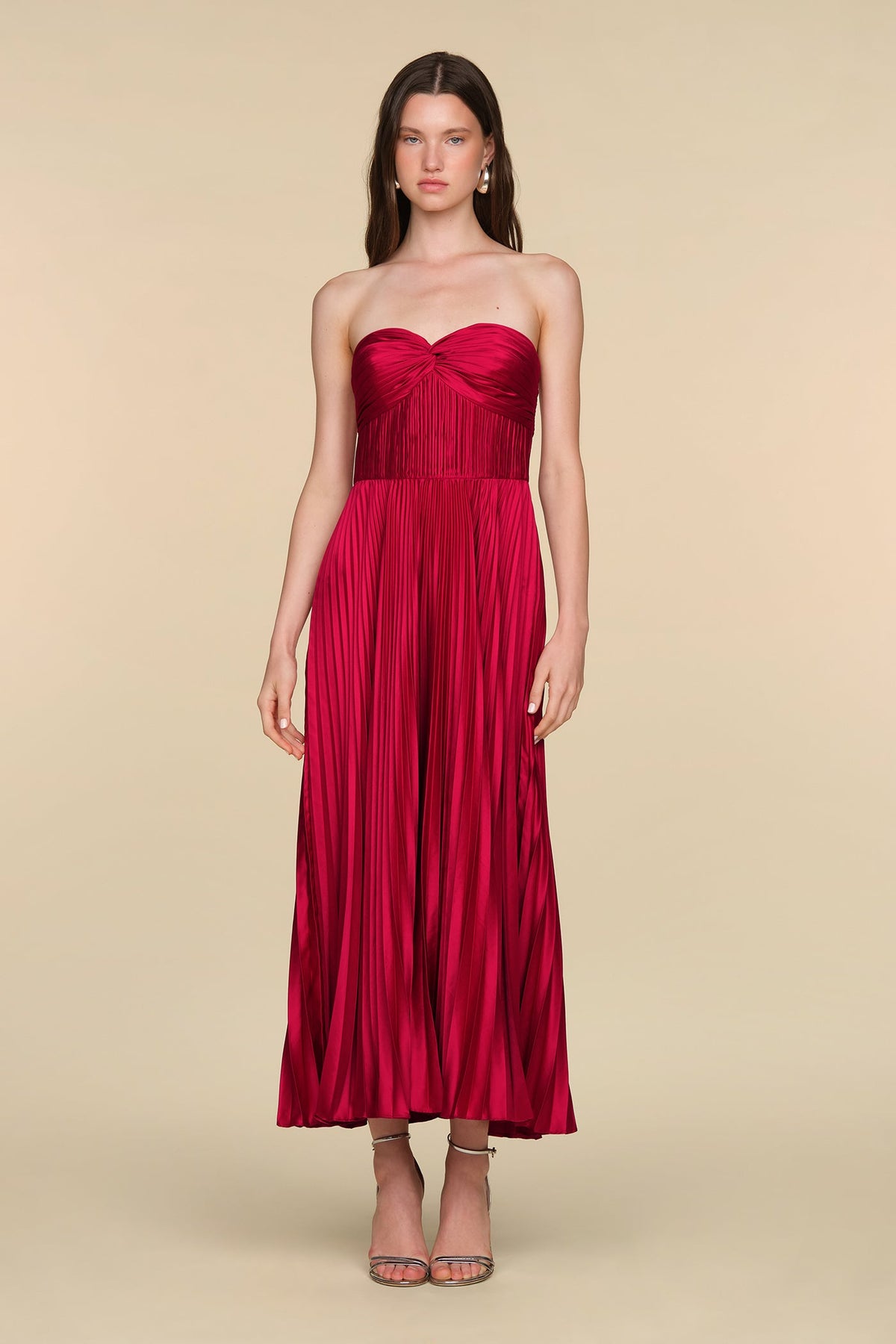 AMUR Belle Dress in Cranberry Red, shown on model
