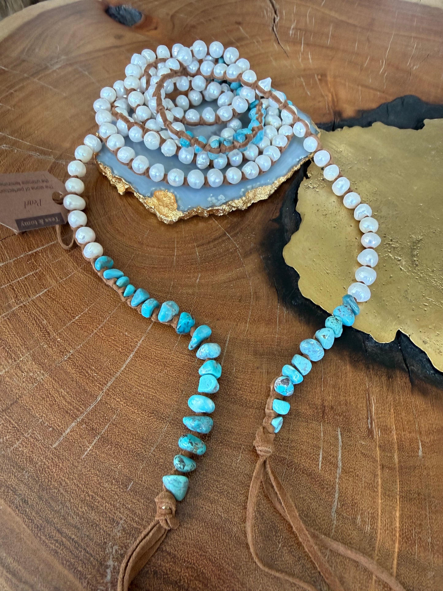 Tess Sm White Pearl and Turq Cluster XLong