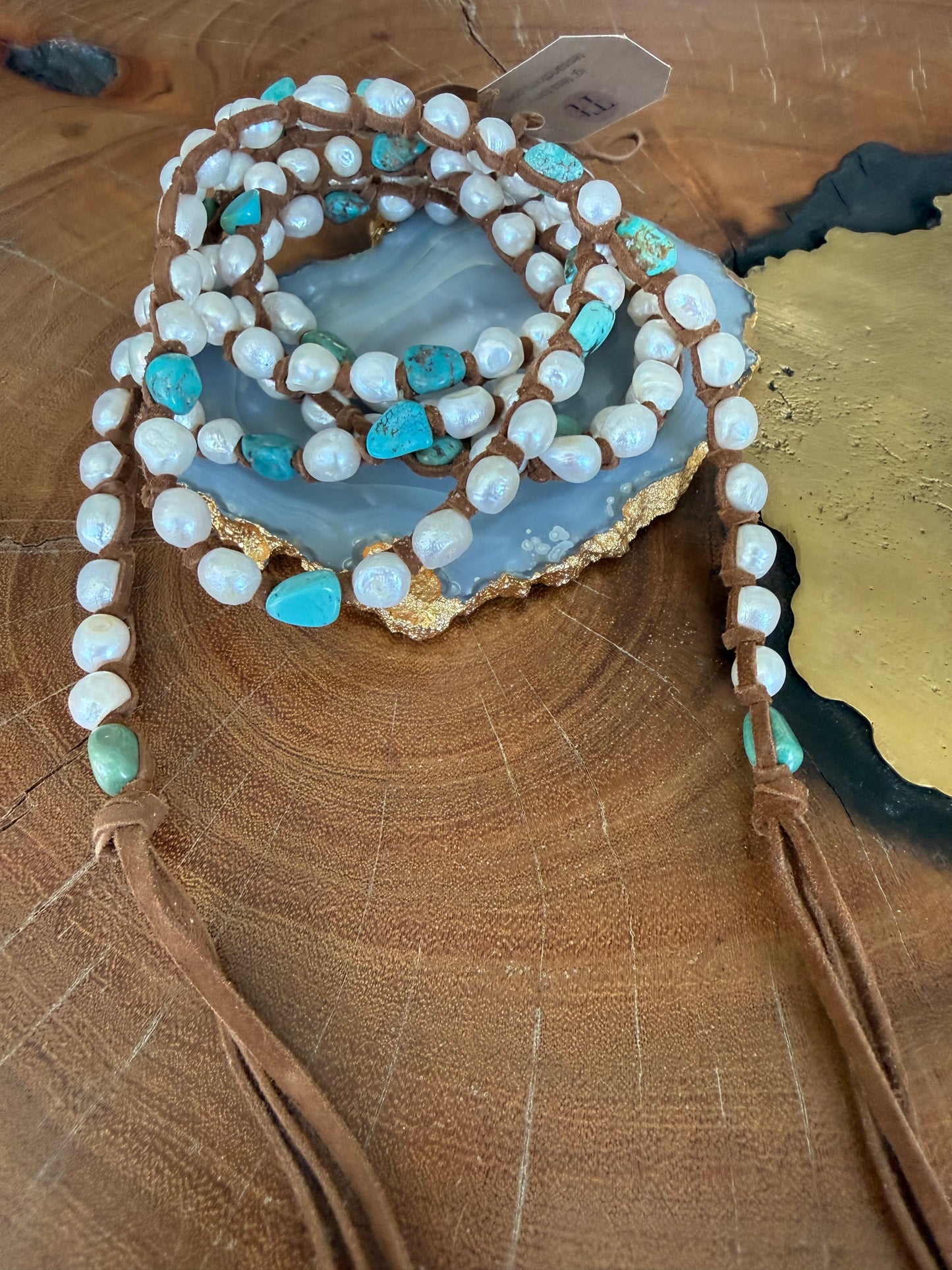 Tess Sm White Pearl and Turq XLong Necklace