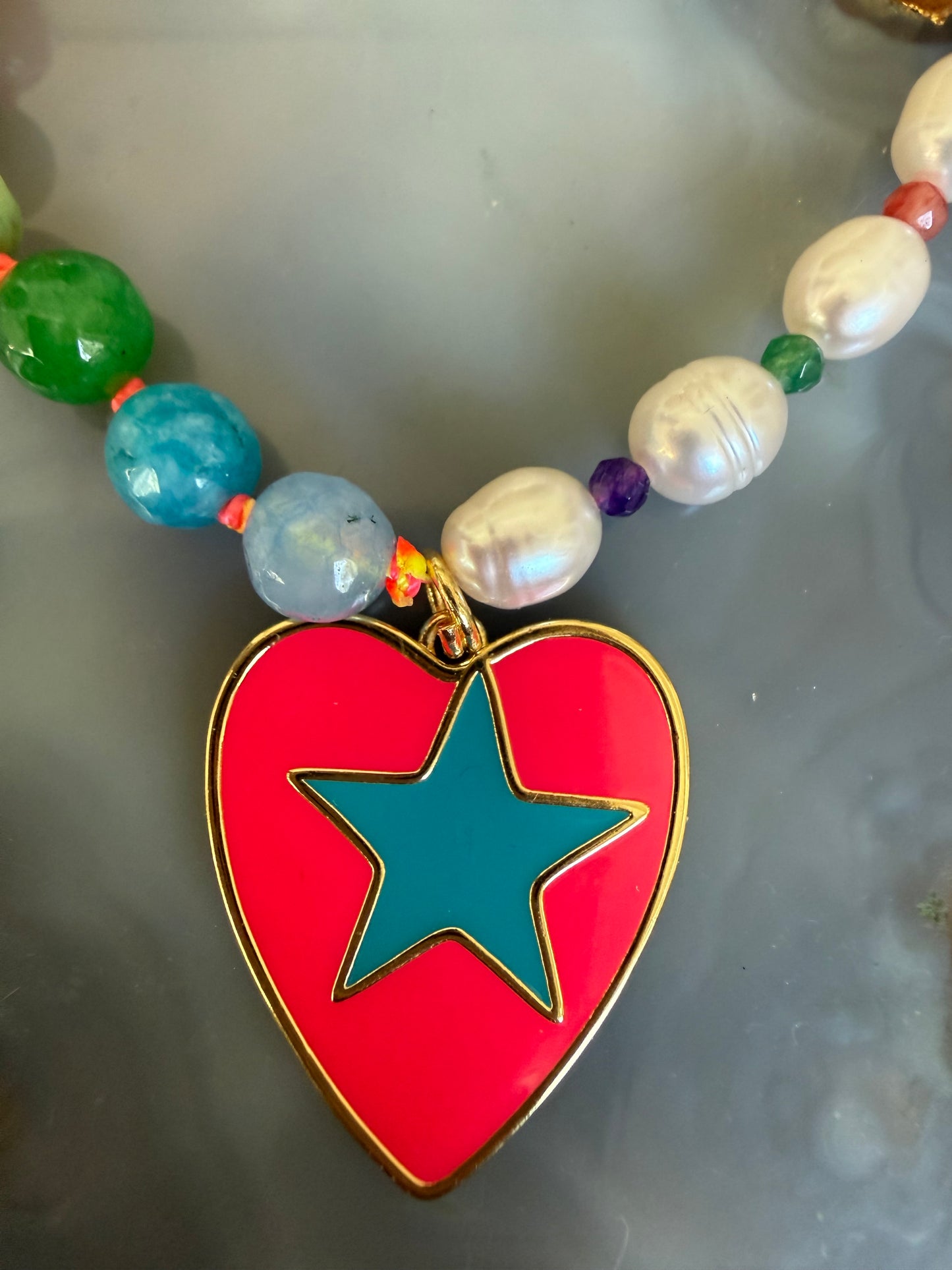 Gems by SJ Pink Heart Blue Star Necklace