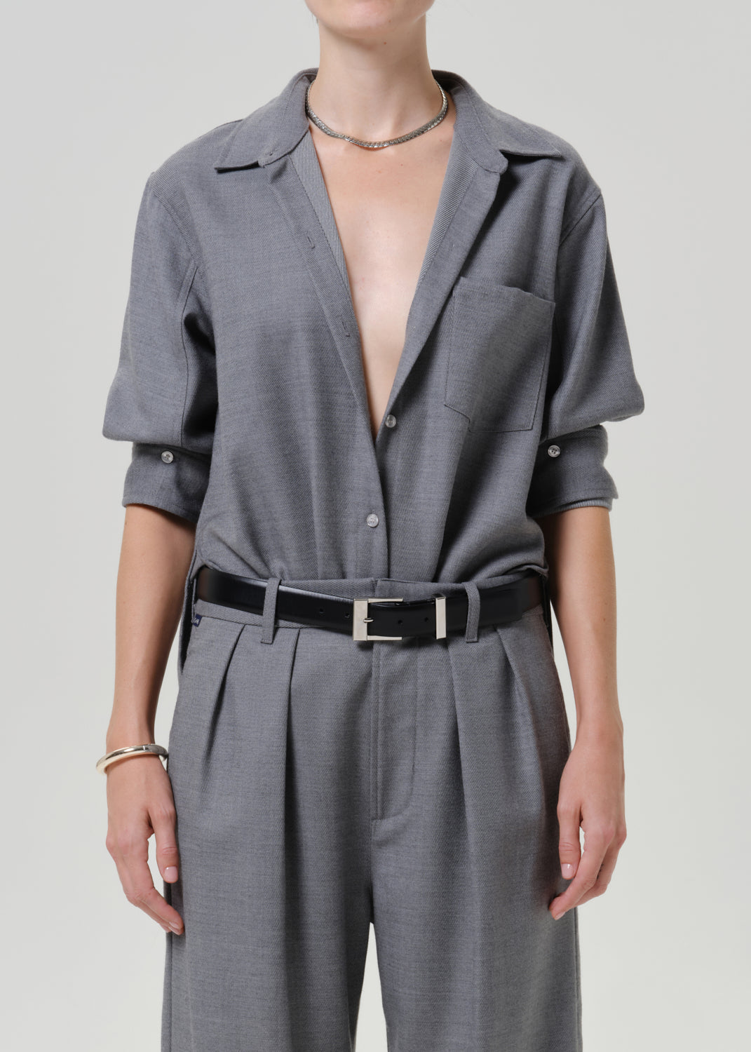Citizens of Humanity Kayla Shrunken Shirt in Gris, shown on model, front view
