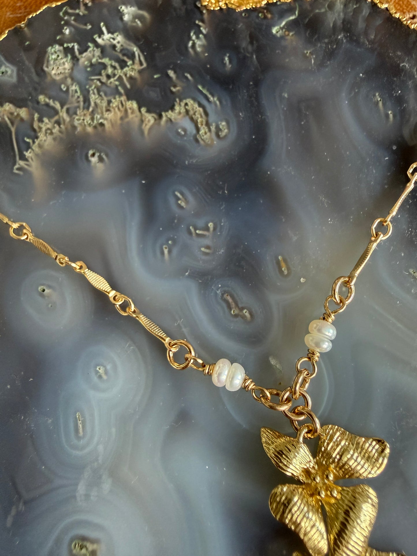 Rachel Nathan Floral Centerpiece & Pearl Coin Necklace