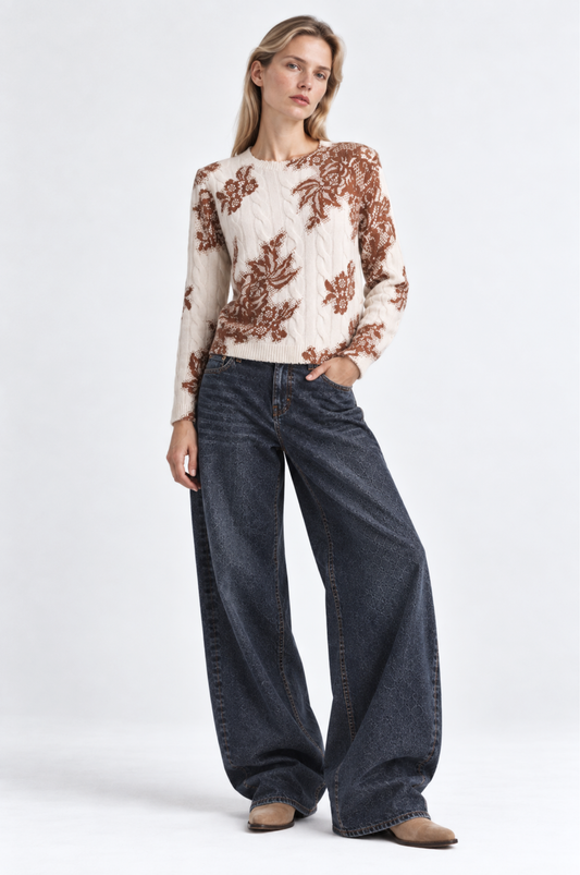 Minnie Rose Printed Lace Cable Crew in White