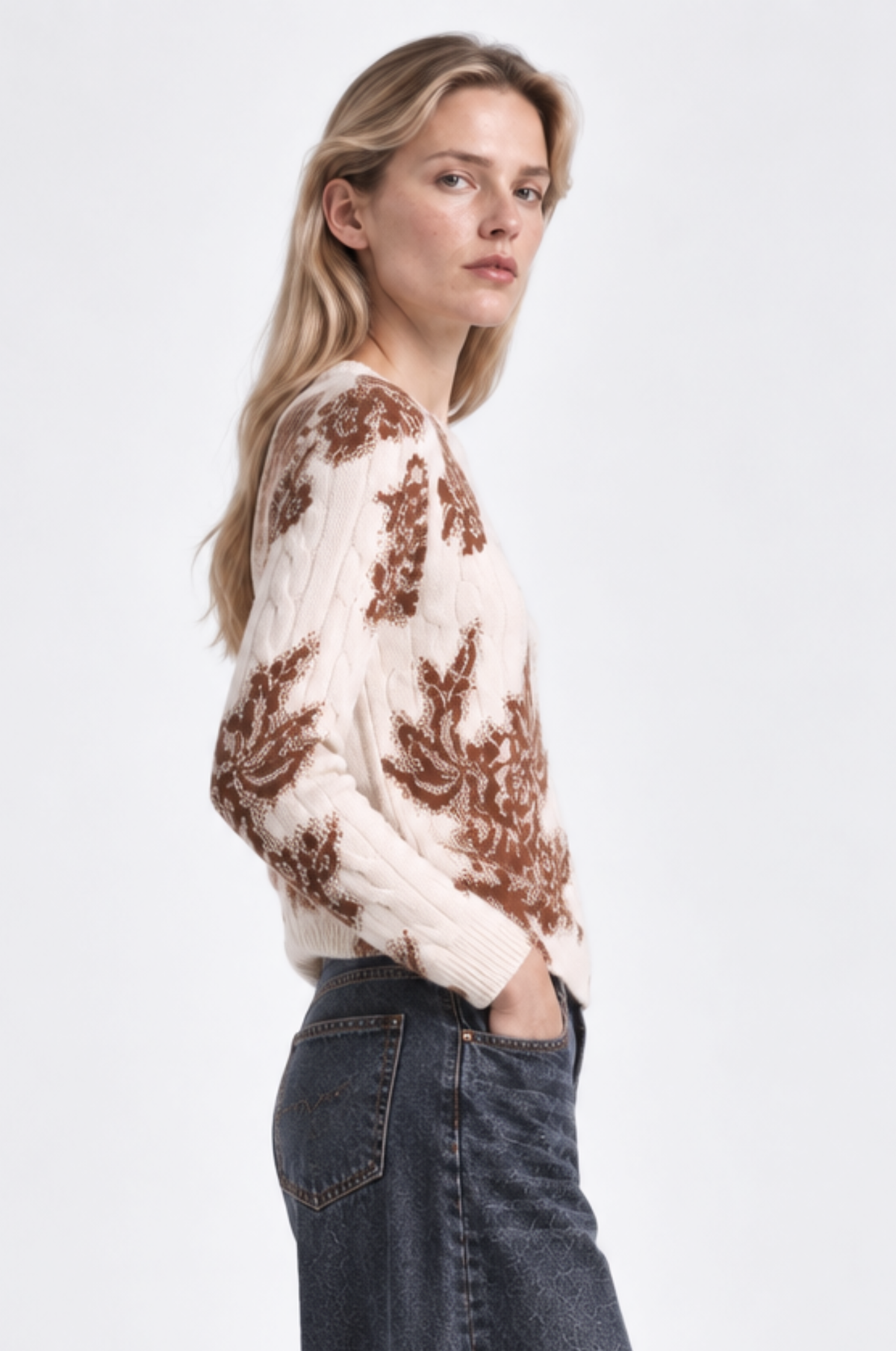 Minnie Rose Printed Lace Cable Crew in White, alternate view