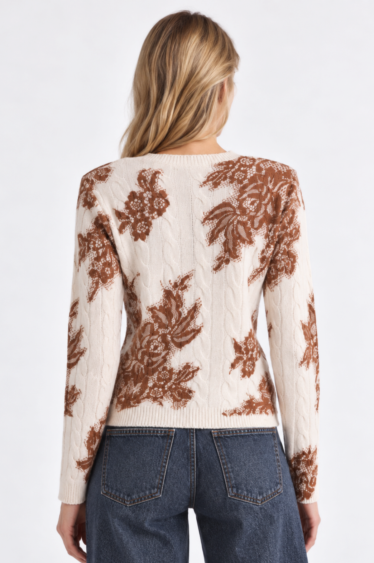 Minnie Rose Printed Lace Cable Crew in White, detail view