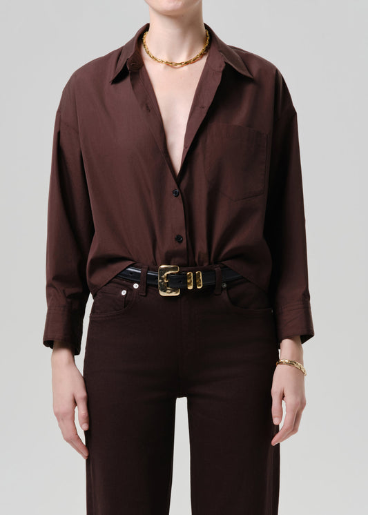 Citizens of Humanity Petit Ami Shirt in Brun, shown on model, full front view