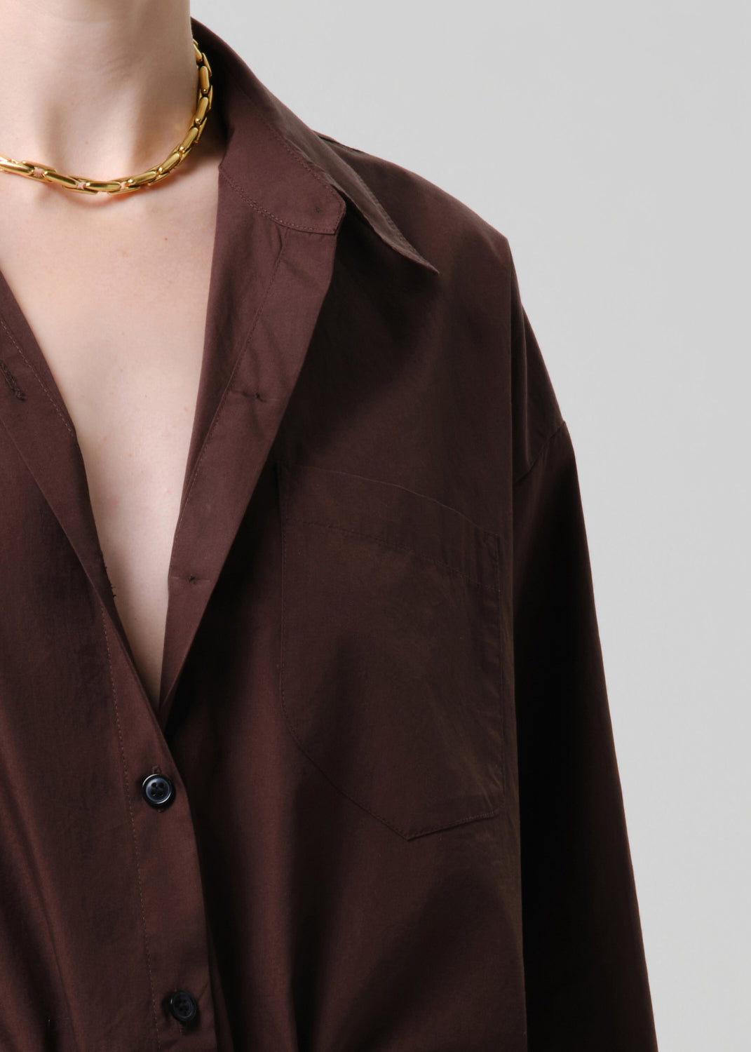 Citizens of Humanity Petit Ami Shirt in Brun, close view of the collar and button placket