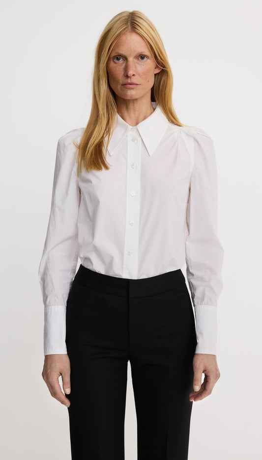 Smythe Box Pleat Shirt in Optic White, on model