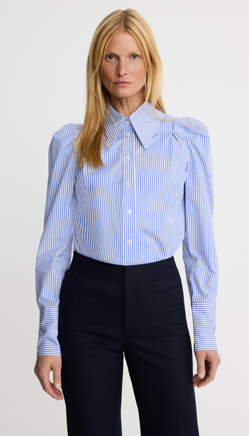 Smythe Box Pleat Shirt in Blue Oxford, on model