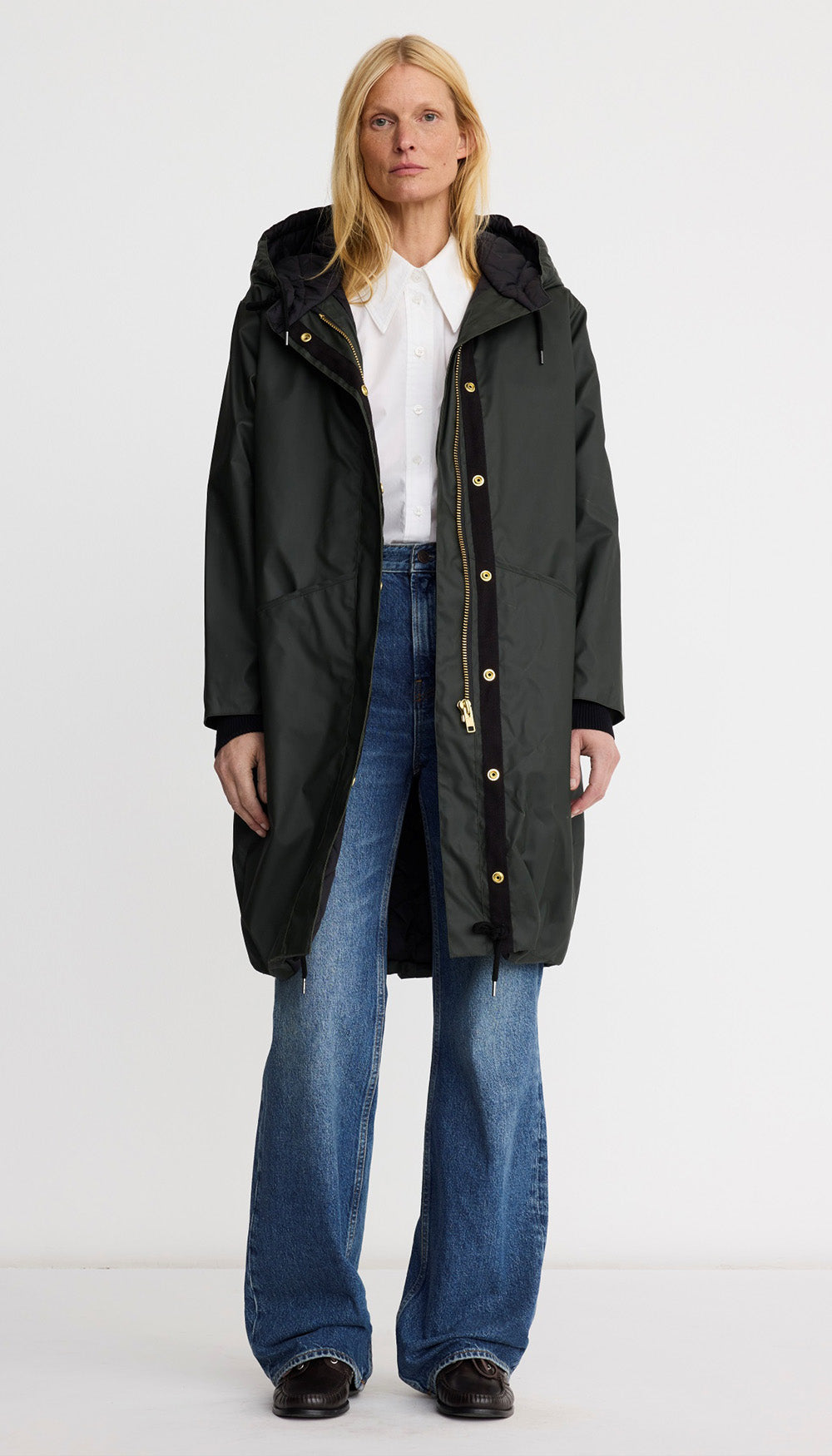 Smythe Dark and Stormy coat in Army, on model
