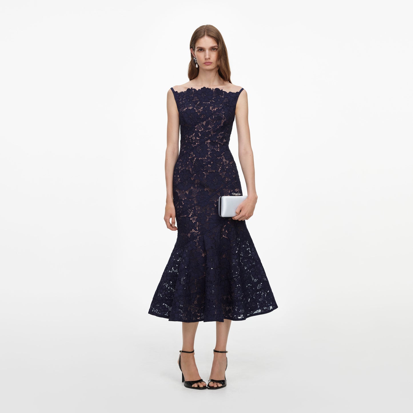 Self-Portrait Spiral Lace Midi Dress in Navy, front view