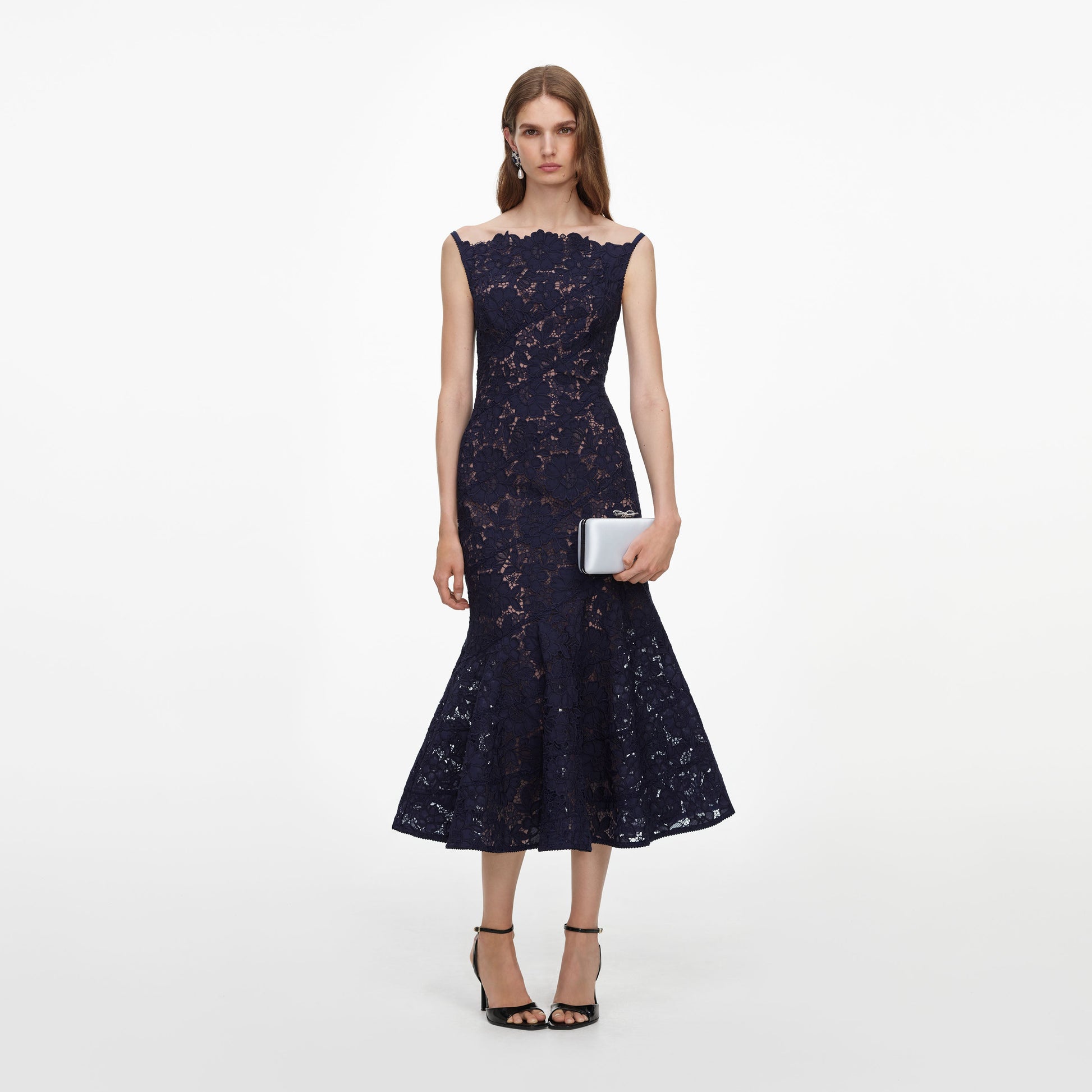 Self-Portrait Spiral Lace Midi Dress in Navy, front view