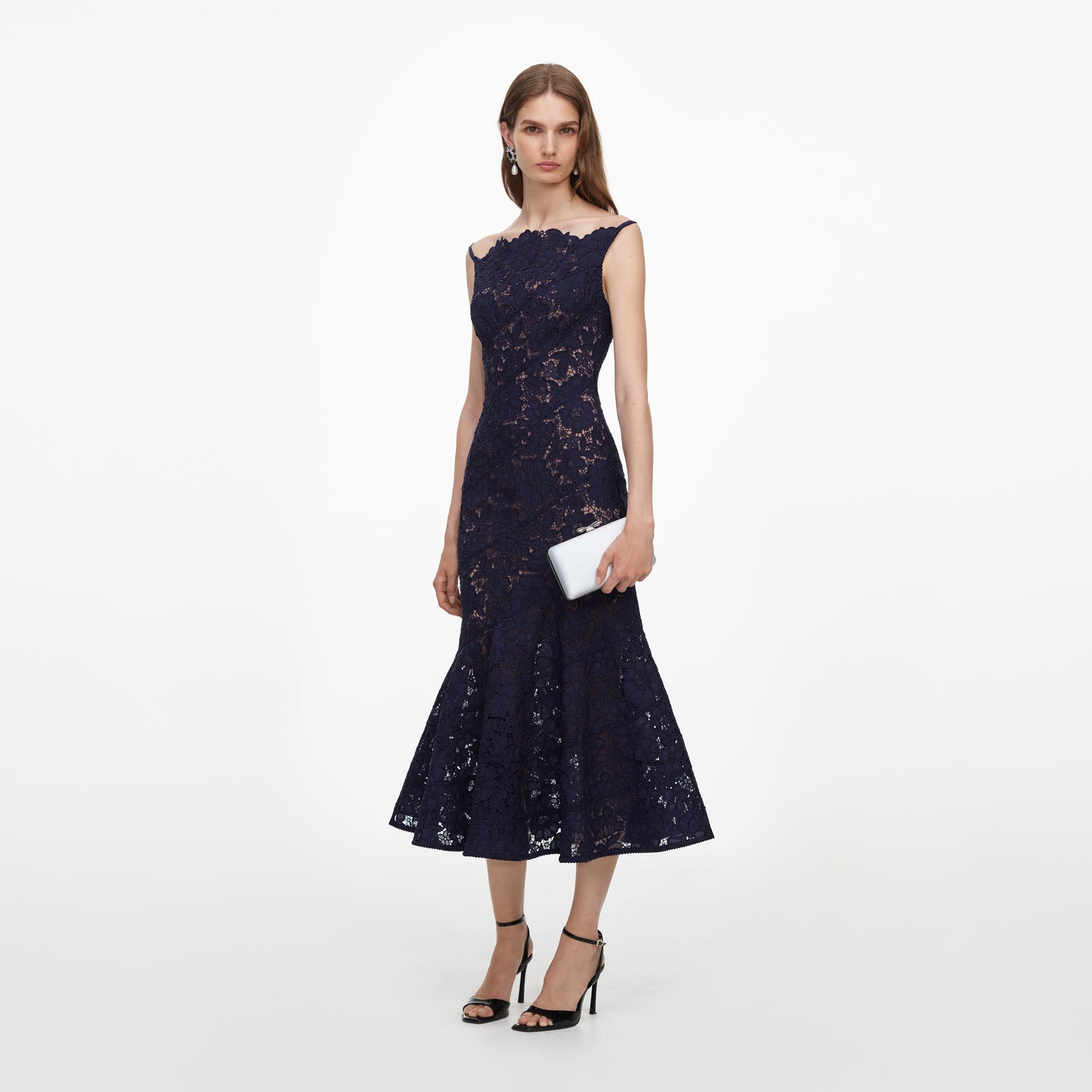 Self-Portrait Spiral Lace Midi Dress in Navy, alternate view 1