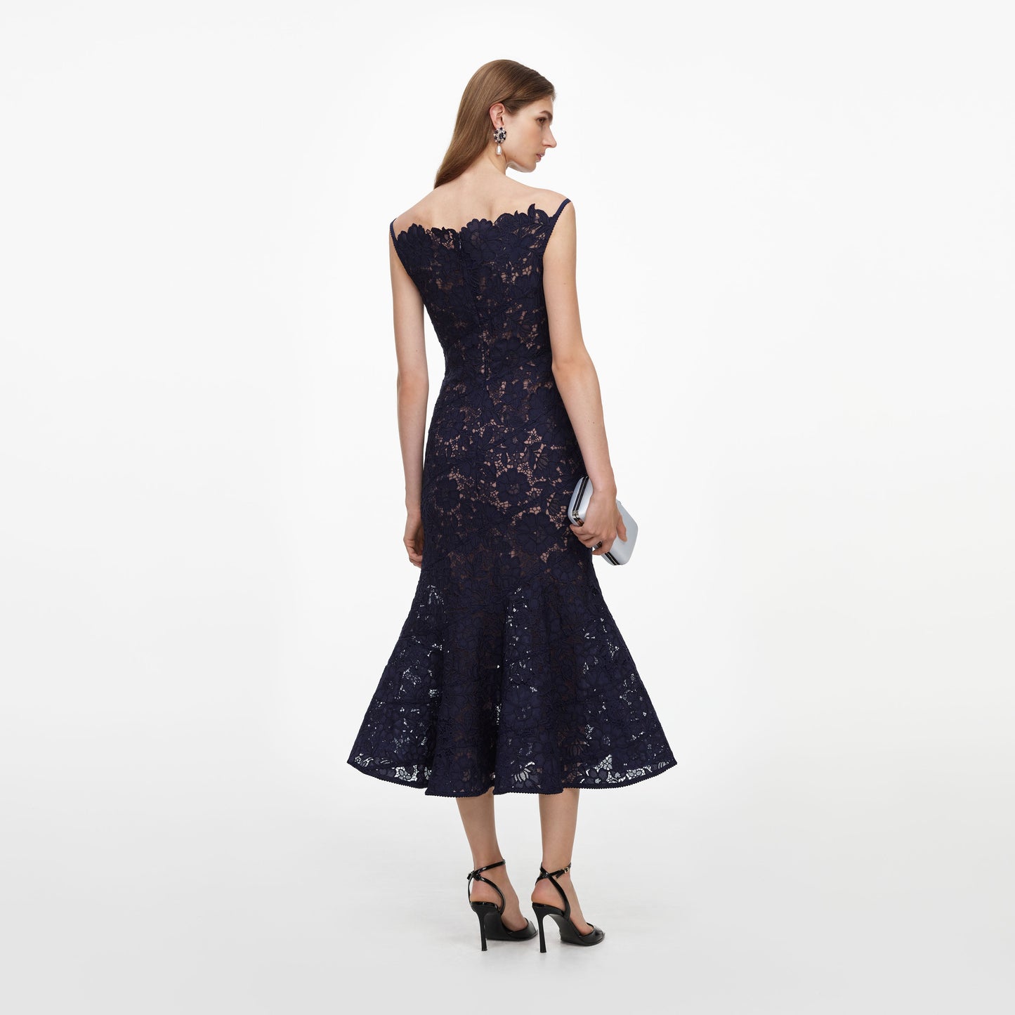 Self-Portrait Spiral Lace Midi Dress in Navy, alternate view 2