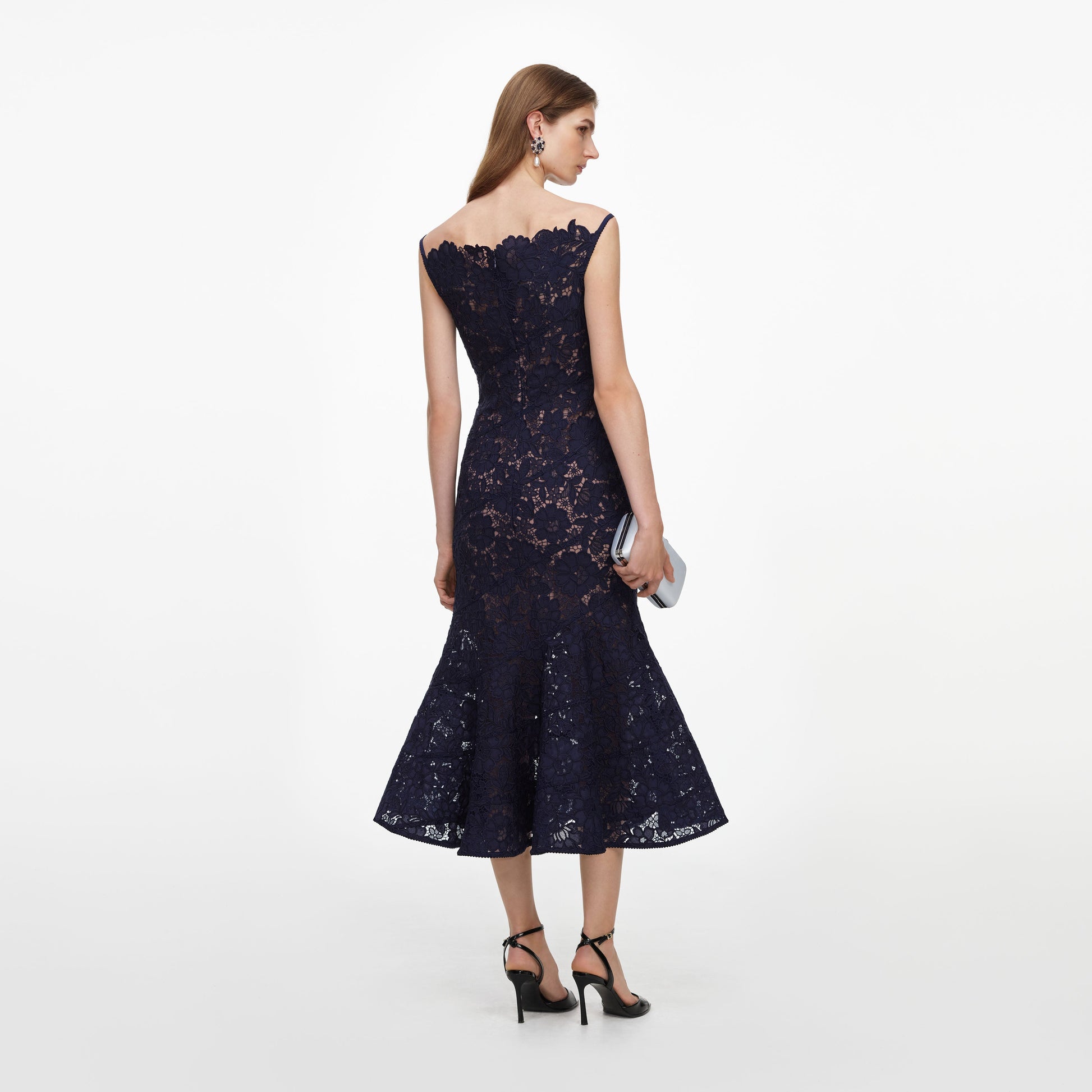 Self-Portrait Spiral Lace Midi Dress in Navy, alternate view 2