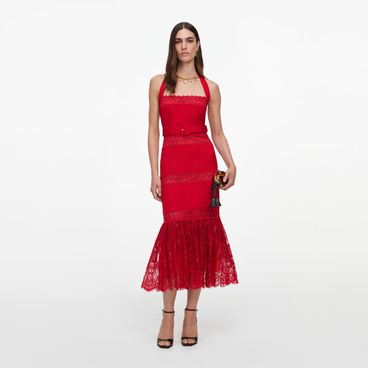Self-Portrait Linen Blend Lace Midi Dress in Red, front view