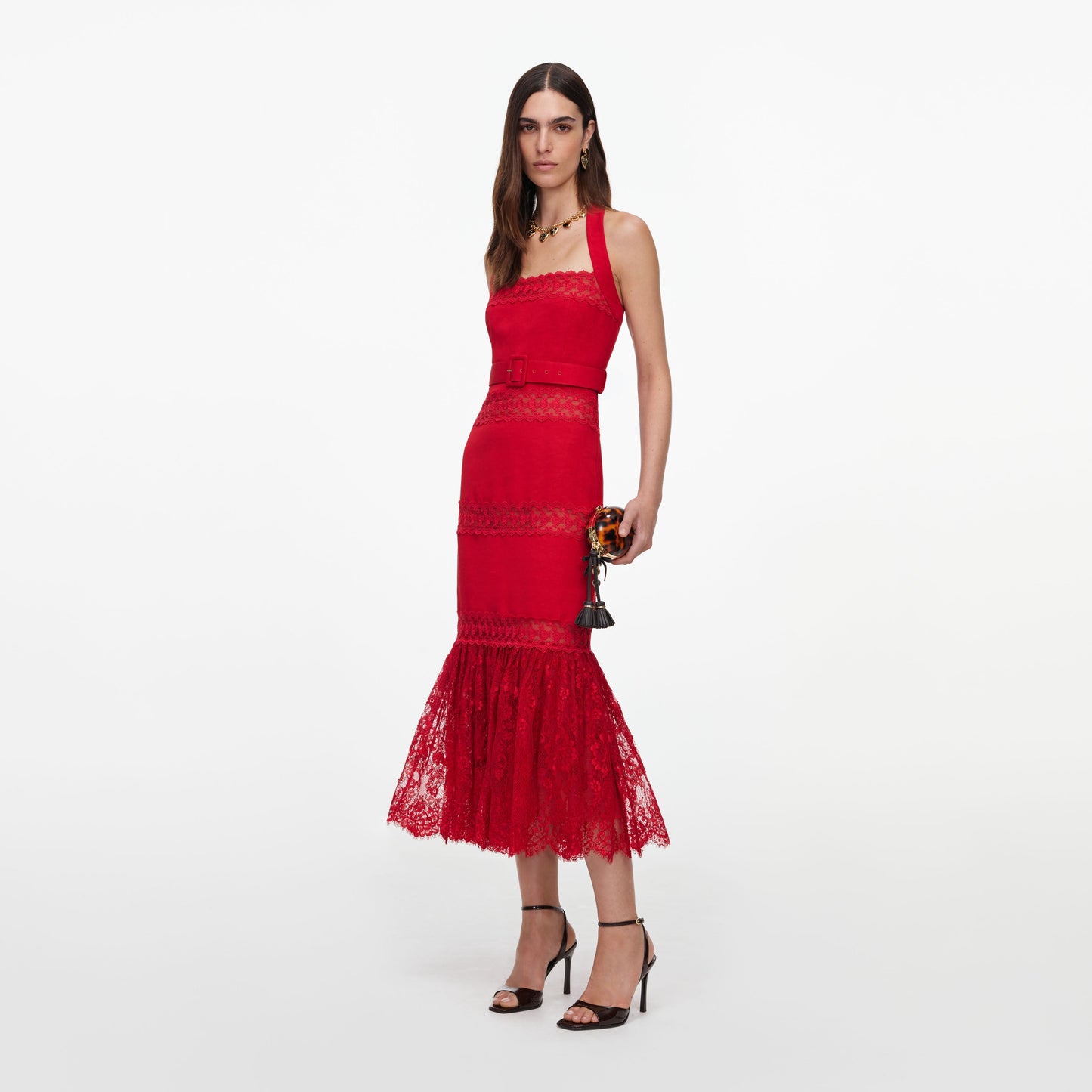 Self-Portrait Linen Blend Lace Midi Dress in Red, alternate view 1