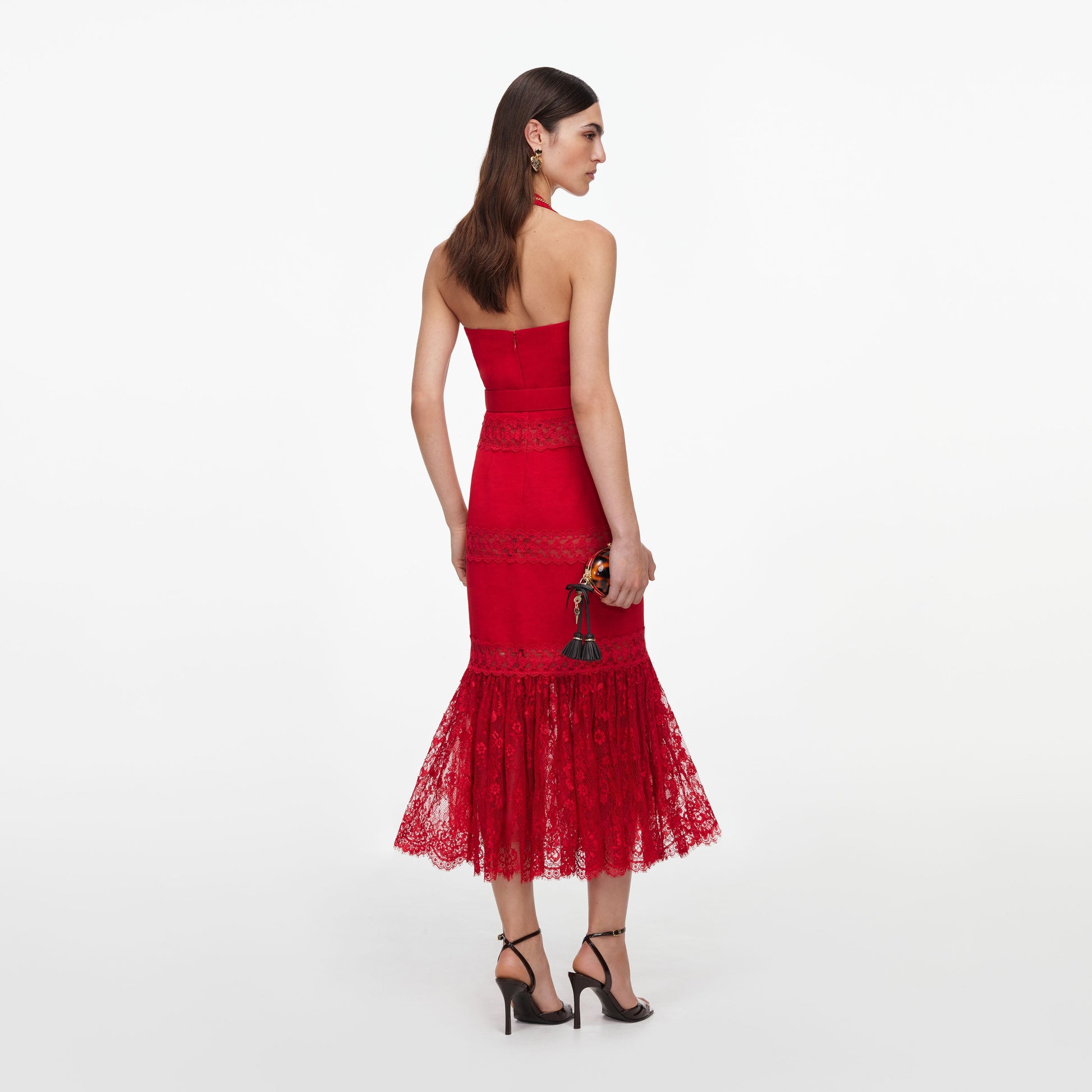 Self-Portrait Linen Blend Lace Midi Dress in Red, alternate view 2