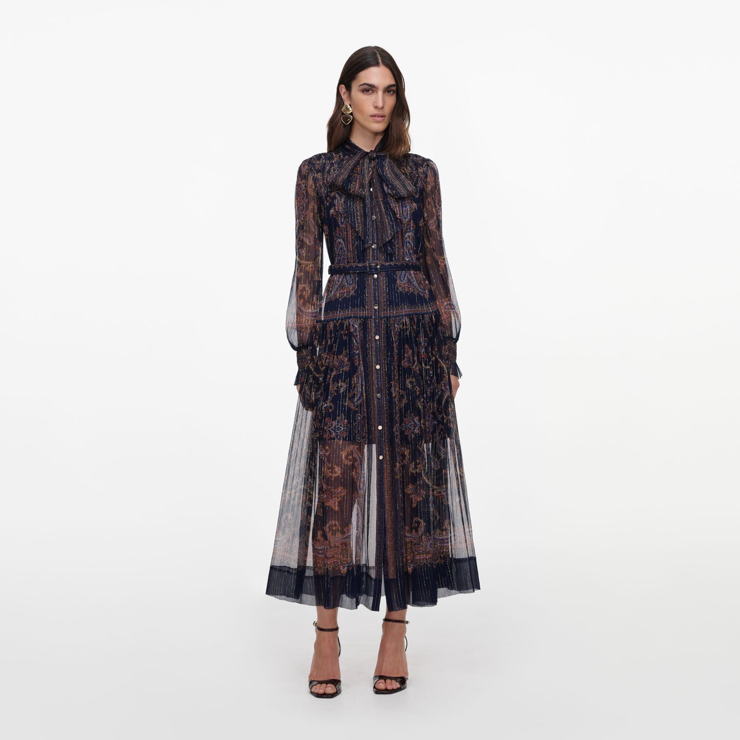 Self-Portrait Printed Georgette Midi Dress in Navy, front view