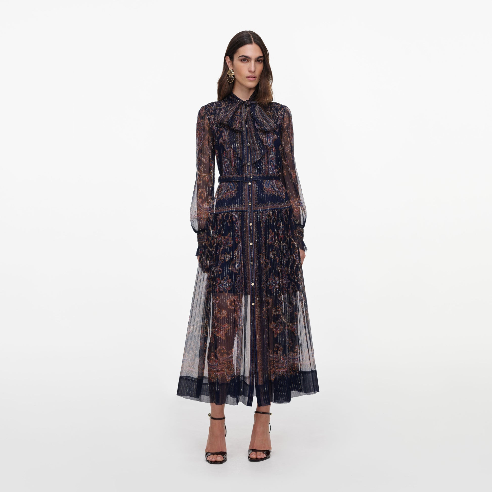 Self-Portrait Printed Georgette Midi Dress in Navy, front view