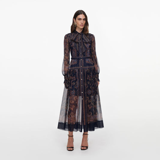 Self-Portrait Printed Georgette Midi Dress in Navy, front view