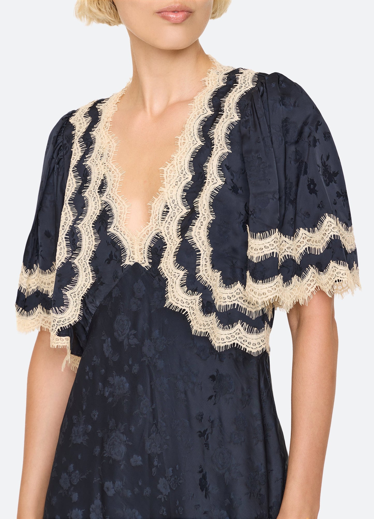 Sea NYC Shay Dress in Navy, lace detail