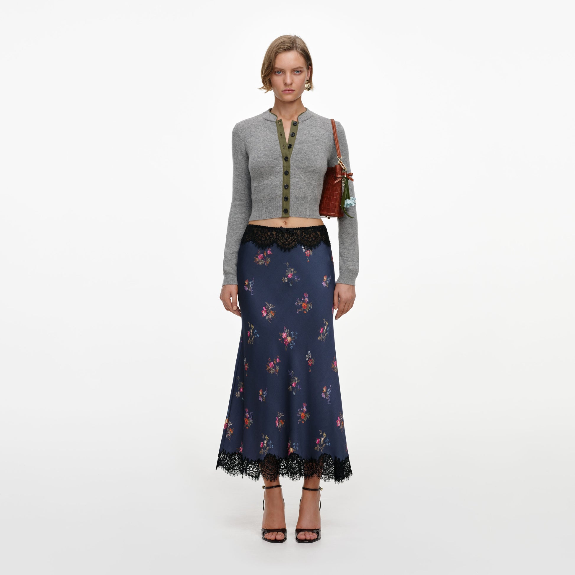 Self-Portrait Satin Printed Lace Midi Skirt in Navy, front view