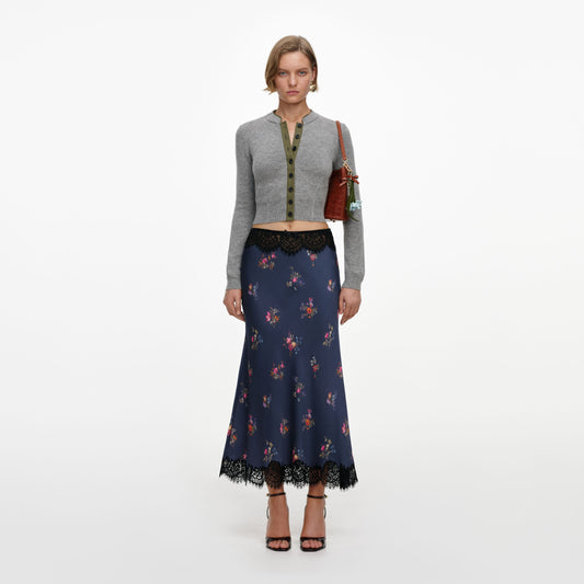 Self-Portrait Satin Printed Lace Midi Skirt in Navy, front view