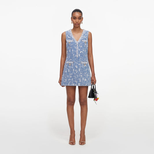Self-Portrait Textured Denim Mini Dress in Blue, front view