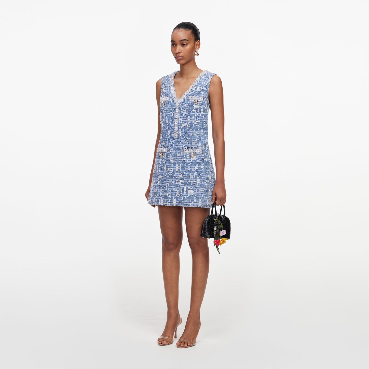 Self-Portrait Textured Denim Mini Dress in Blue, alternate view 1